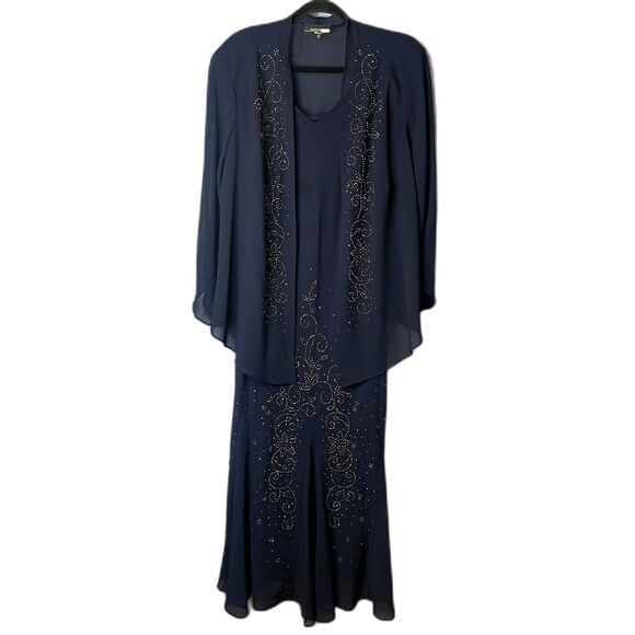 R&M Richards Navy Blue Jeweled Beaded Chiffon Formal Evening Dress SET Size 18W - Picture 1 of 13